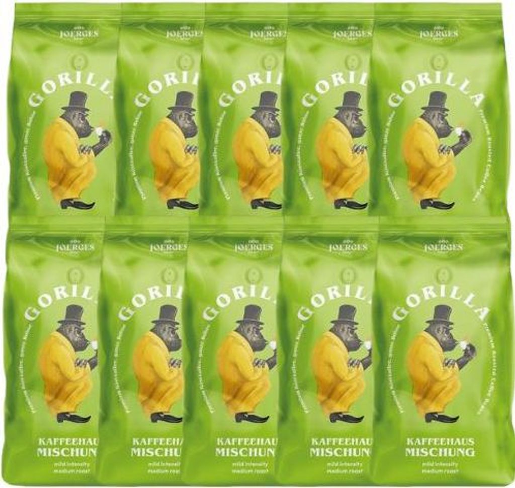 A grid of ten coffee bags, each featuring a cartoon gorilla in a yellow suit and top hat.