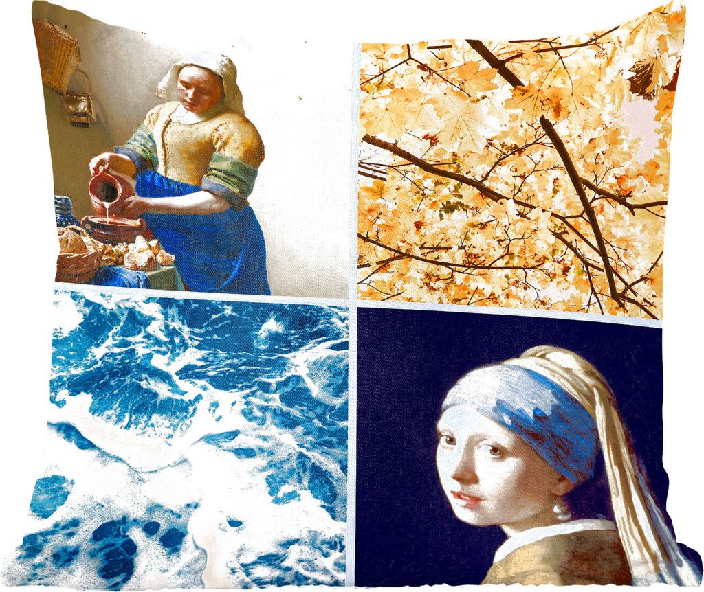 MuchoWow Zierkissen Sofakissen Wohnzimmer Dekokissen 45x45 cm Milchmädchen - Mädchen mit Perlenohrring - Collage - Schlafpolster - Polster für...