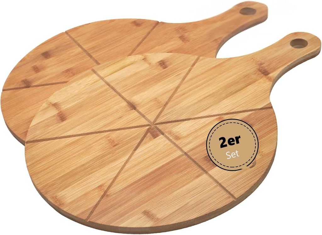 Hausleben 2er Set Pizzabretter rund mit Griff aus Bambus, 45x33x1,2 cm – Perfekt für Pizzaabende, Gastronomie & stilvolles Servieren