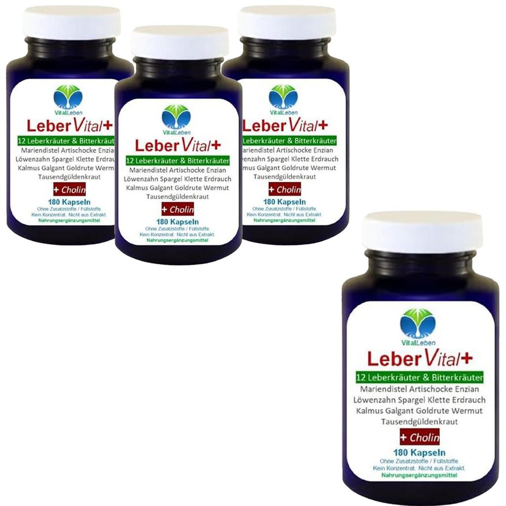 LEBER Vital Komplex Leberkapseln 720 (4x180) Kapseln 12 Kräuter & Bitterstoffe mit Löwenzahn, Artischocke, Mariendistel + CHOLIN ohne Zusatzstoffe.