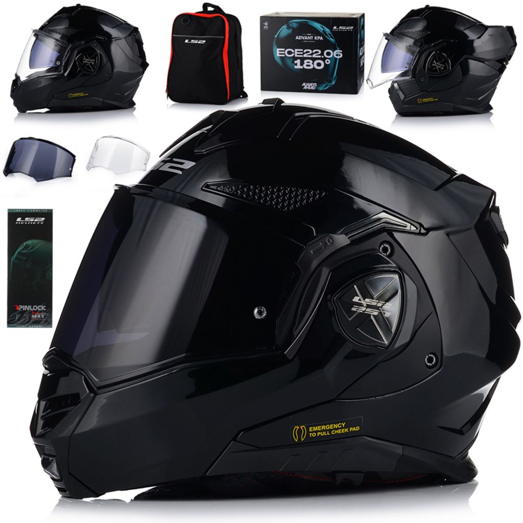 A collage of a black motorcycle helmet and its accessories, including a storage bag and spare visors.