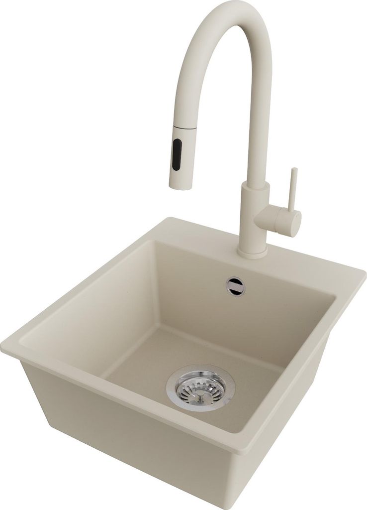 PRIMAGRAN Granitspüle Beige 38x44cm, Spülbecken 1 Becken + Küchenarmatur 40x20cm + Ablauf-Set, Küchenspüle ab 40er Unterschrank - Riga Easy
