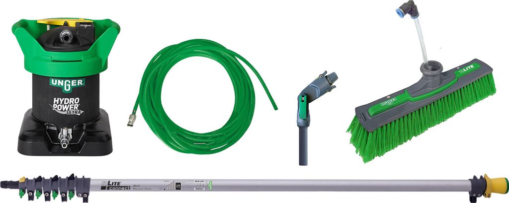 A set of cleaning equipment, including a water purification system, hose, brush head, and extension pole, arranged on a white background.