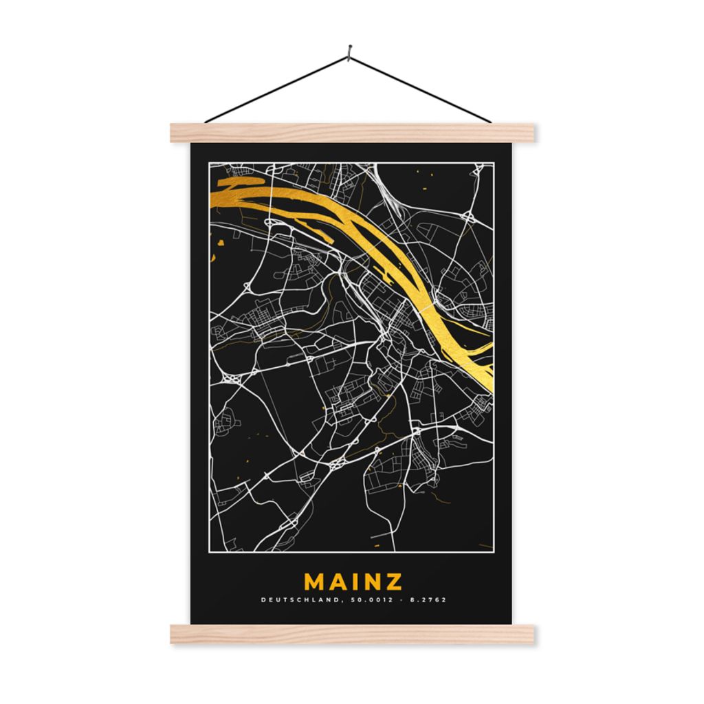 MuchoWow Textilposter Mainz - Stadtplan - Karte - Deutschland - Gold 120x180 cm mit holzfarbenen Rahmen - Textil-Plakat