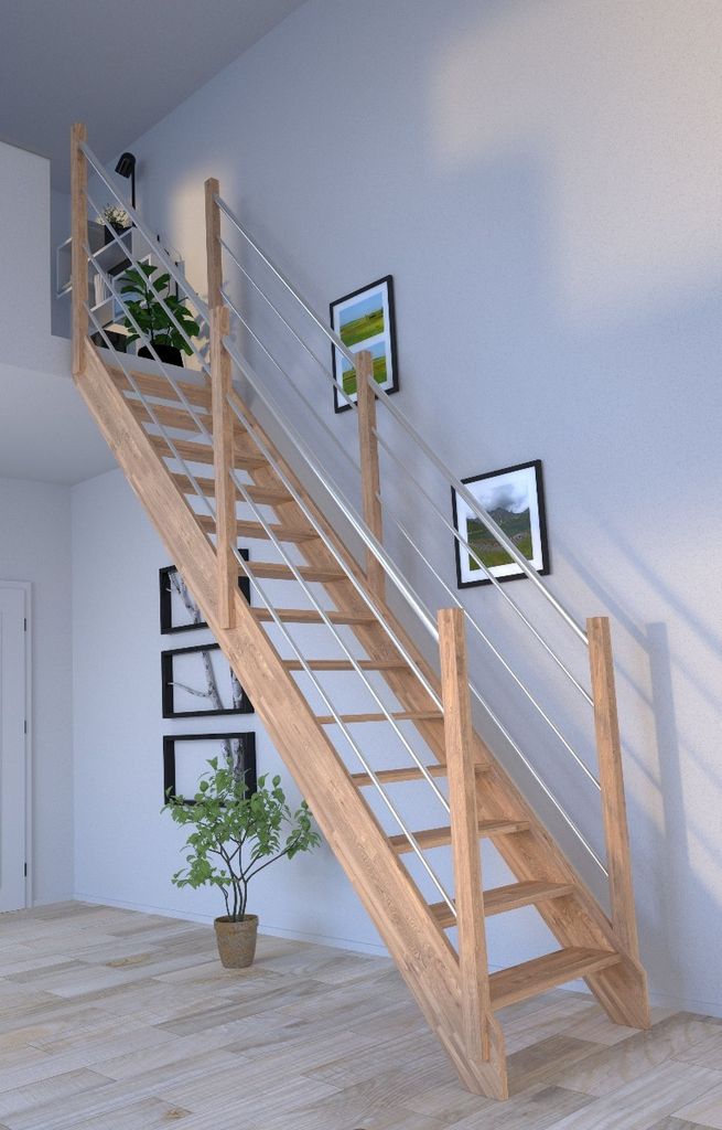 Holztreppe Rhodos in gerader Ausführung-Eiche-Holz-Edelstahl Geländer-beidseitig-ohne Setzstufen