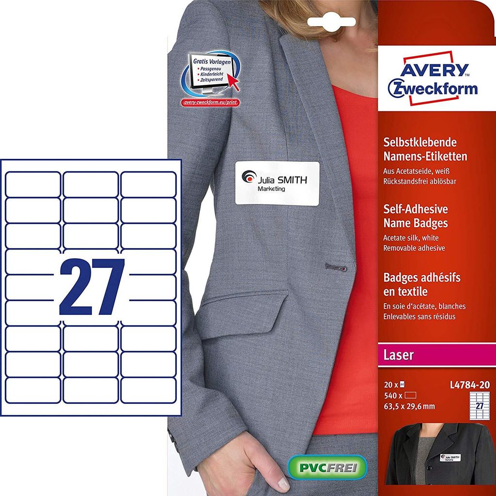Avery L4784-20, Biela, Samolepiaci štítok, A4, Laser, Obrázok produktu 