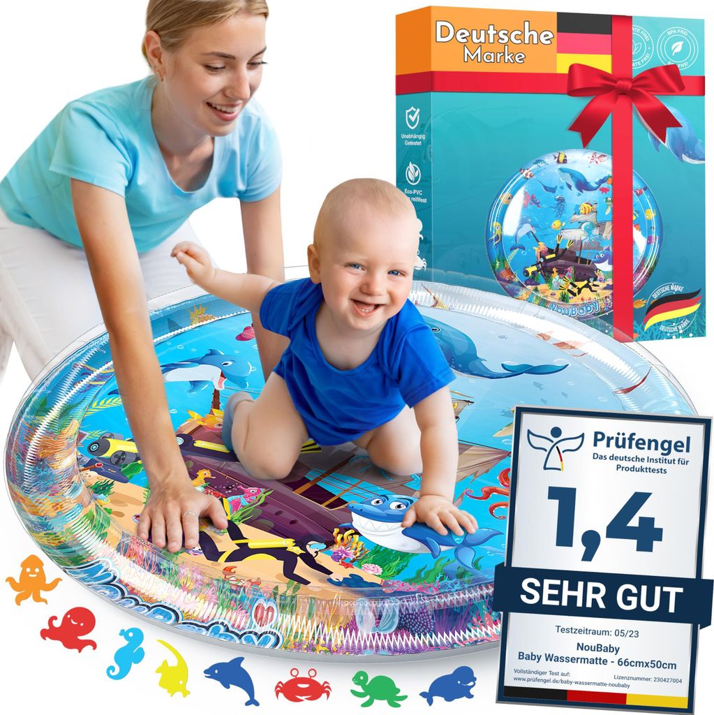 NouBaby Wassermatte Baby BPA Frei XXL I Babymatte und Spielzeug ab 3, 6 und 9 Monate I Wasserspielmatte Baby, Aqua Matte Baby als Baby Wassermatte