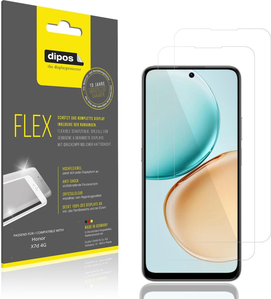 2x Schutzfolie für Honor X7d 4G Folie, 100% Displayabdeckung, dipos Flex