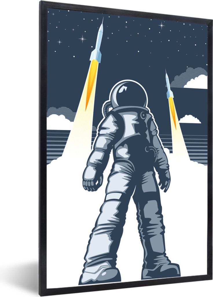MuchoWow MuchoWow Gerahmtes Poster Astronaut - Rakete - Weltraum 40x60 cm - Poster mit zchwarzem Bilderrahmen - Papierdruck - Wandbilder
