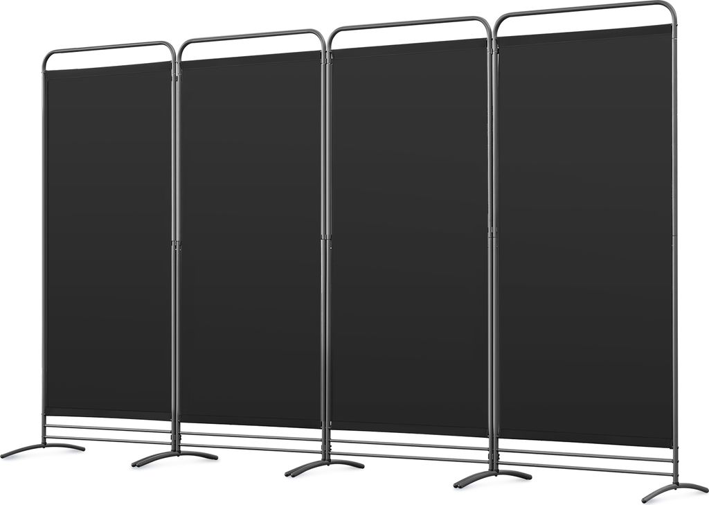 Four black room dividers are set up side-by-side.