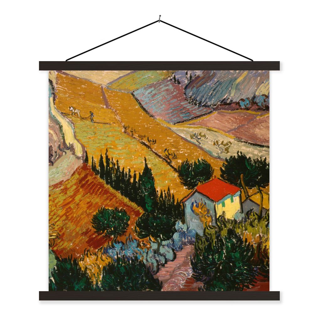 MuchoWow Textilposter Landschaft mit einem Haus und einem Ackerbauern - Vincent van Gogh 90x90 cm mit schwarzem Rahmen - Magnetisches