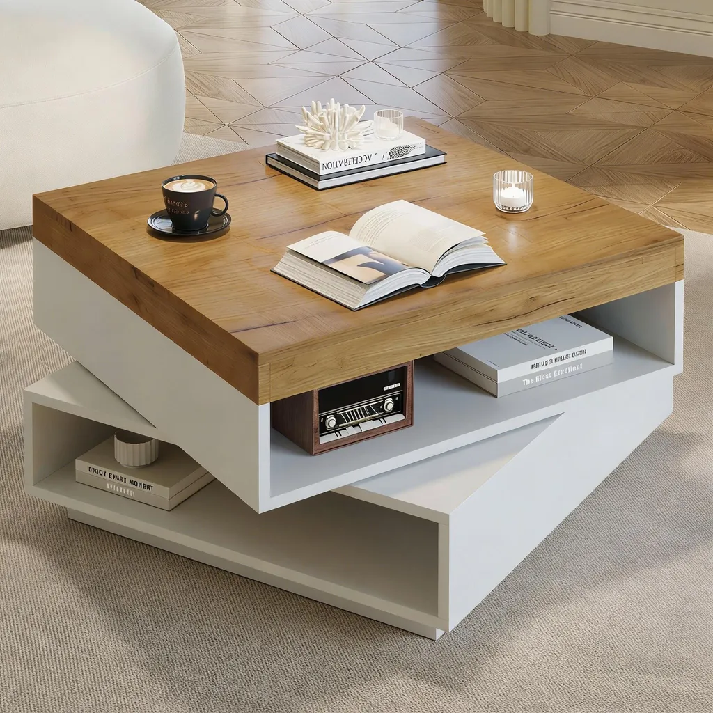Table basse LED 65x65 chêne blanc pour petit salon - Pivotante