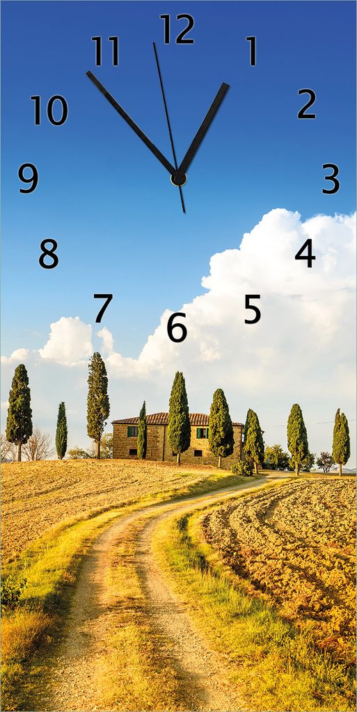 Wallario Design Wanduhr Italien - Toskana unter blauem Himmel einsame Farm aus Echtglas, Größe 30 x 60 cm