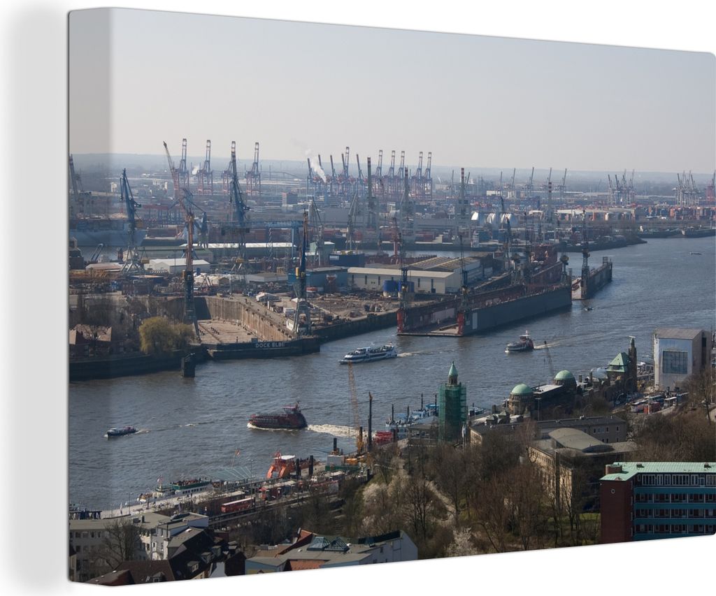 OneMillionCanvasses - Leinwandbilder - 140x90 cm, Hamburg - Hafen - Boot, Wandbilder Kunstdruck Wanddekoration - Foto auf Leinwand - Gemälde auf...