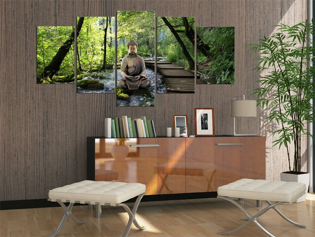 Akustikbild Buddha 200x100 cm Bilder Akustikschaum Hochleistungsschallabsorber Schallschutz Leinwand 5 tlg Wandbild Raumakustik Schalldämmung 0302...