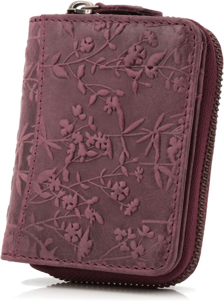 Kleine Damen Geldbörse aus Leder mit Blütenmuster, kompakter Geldbeutel mit RFID-Schutz, vielen Fächern, Münzfach, Kartenfächern & sicherem Ve...