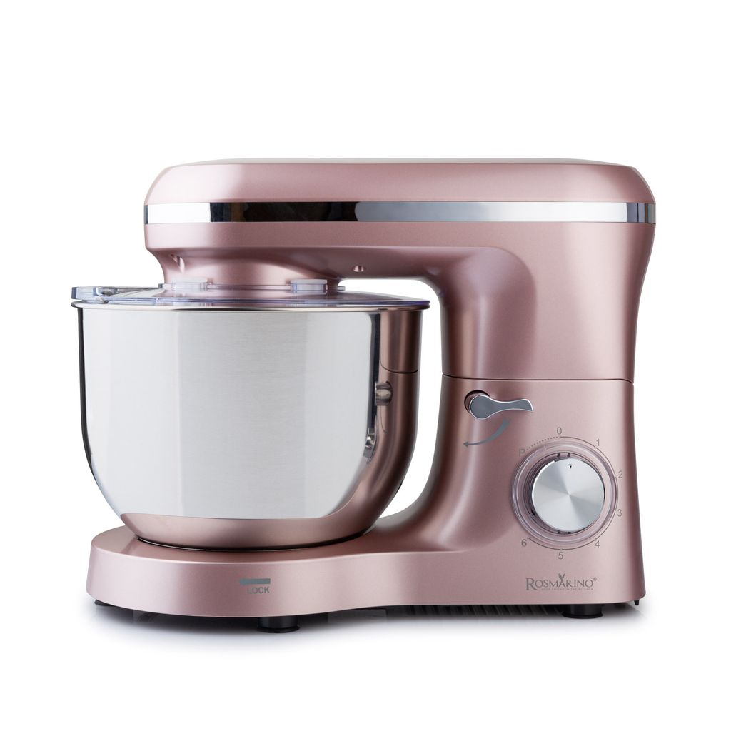 A rose gold stand mixer is shown against a white background.