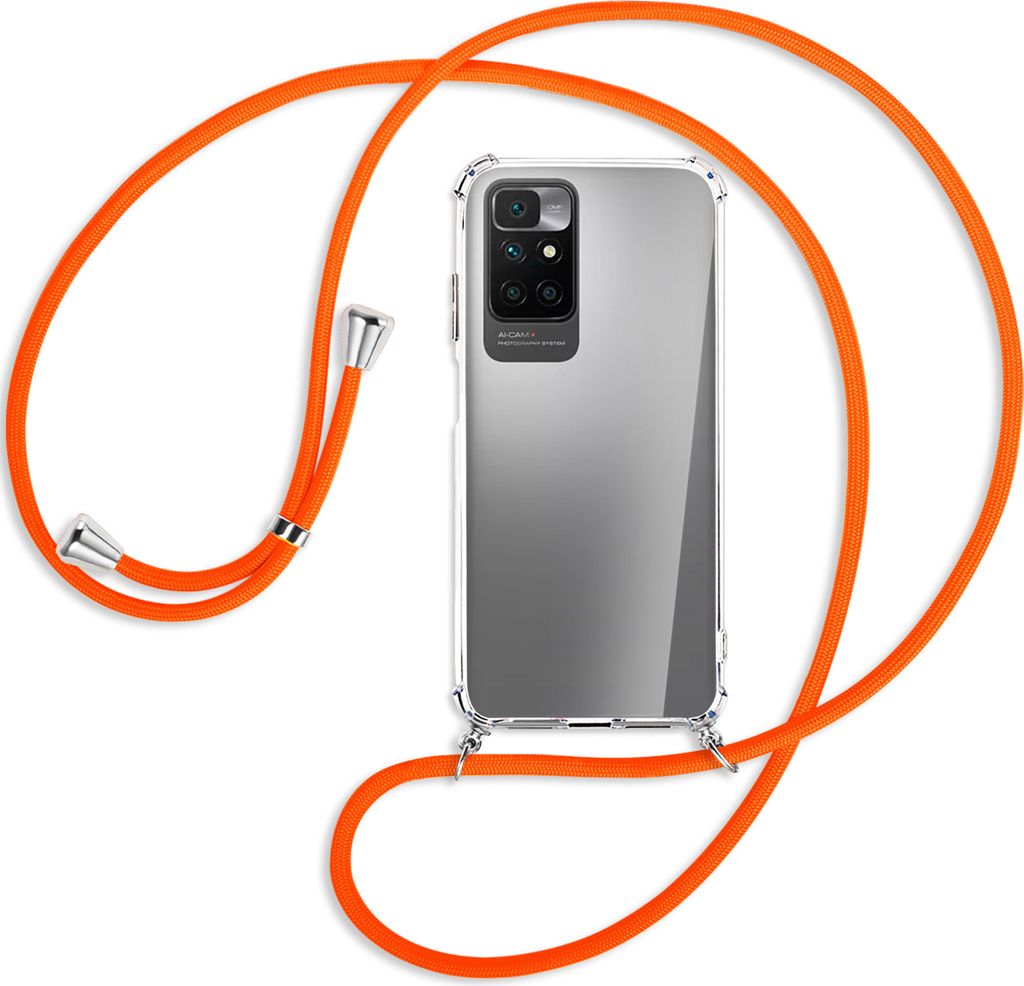 Handykette Backcover-Schutzhülle mit Band (Metall silberfarben) für Xiaomi Redmi 10 - neonorange