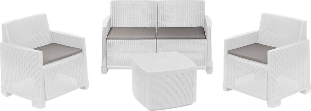 Outdoor-Lounge-Set Dbalestrer, Gartenkomposition mit 2 Sesseln, 1 Sofa und 1 Aufbewahrungstisch, Rattan-Effekt mit Kissen, 100 % Italy, Weiß