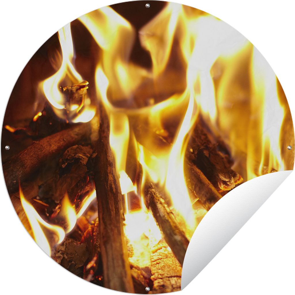 MuchoWow Gartenposter Outdoor-Poster Rund Ein Kamin mit Feuer Ø 150 cm Gartendeko Rundes Poster draußen