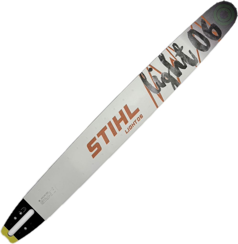 A Stihl chainsaw guide bar is shown against a white background.