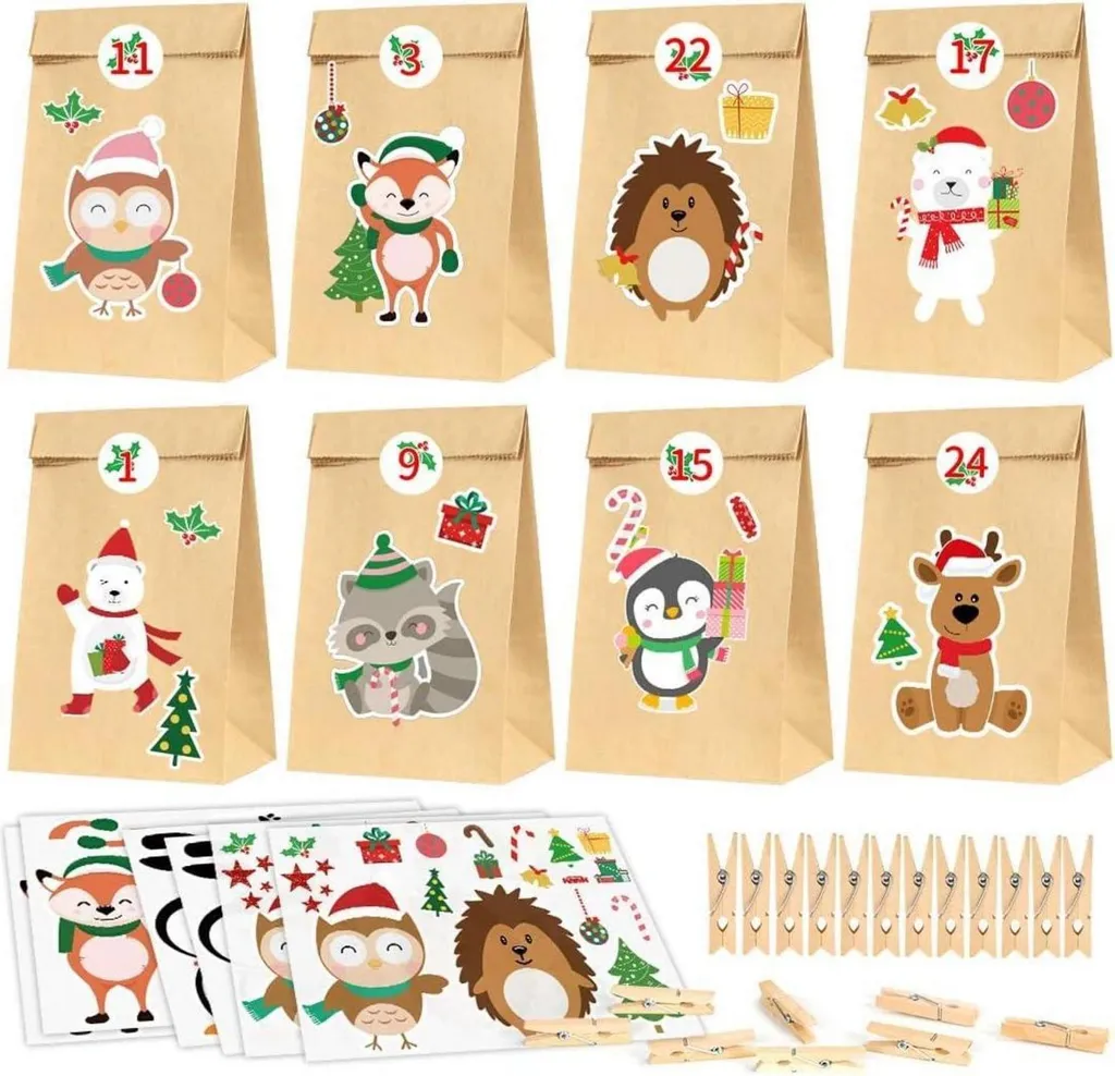 Calendario Avvento Completo: 24 Sacchetti Kraft + Adesivi Numerati 1-24