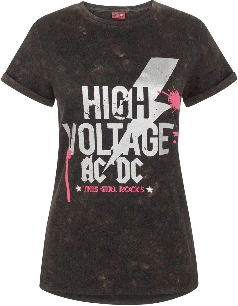 AC/DC Damen T-Shirt High Voltage, Acid Wash NS4633 (2XL) (Schwarz)