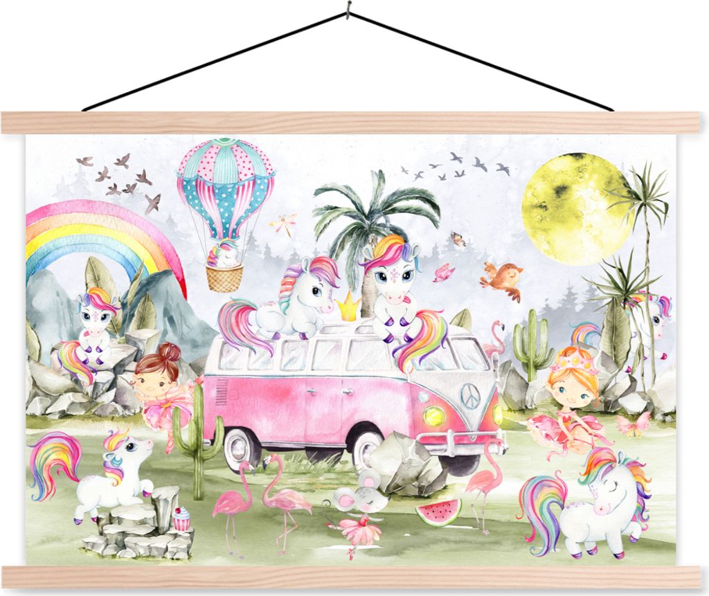 MuchoWow Textilposter Einhorn - Regenbogen - Kinder - Mädchen - Auto 60x40 cm mit holzfarbenen Rahmen - Bilder