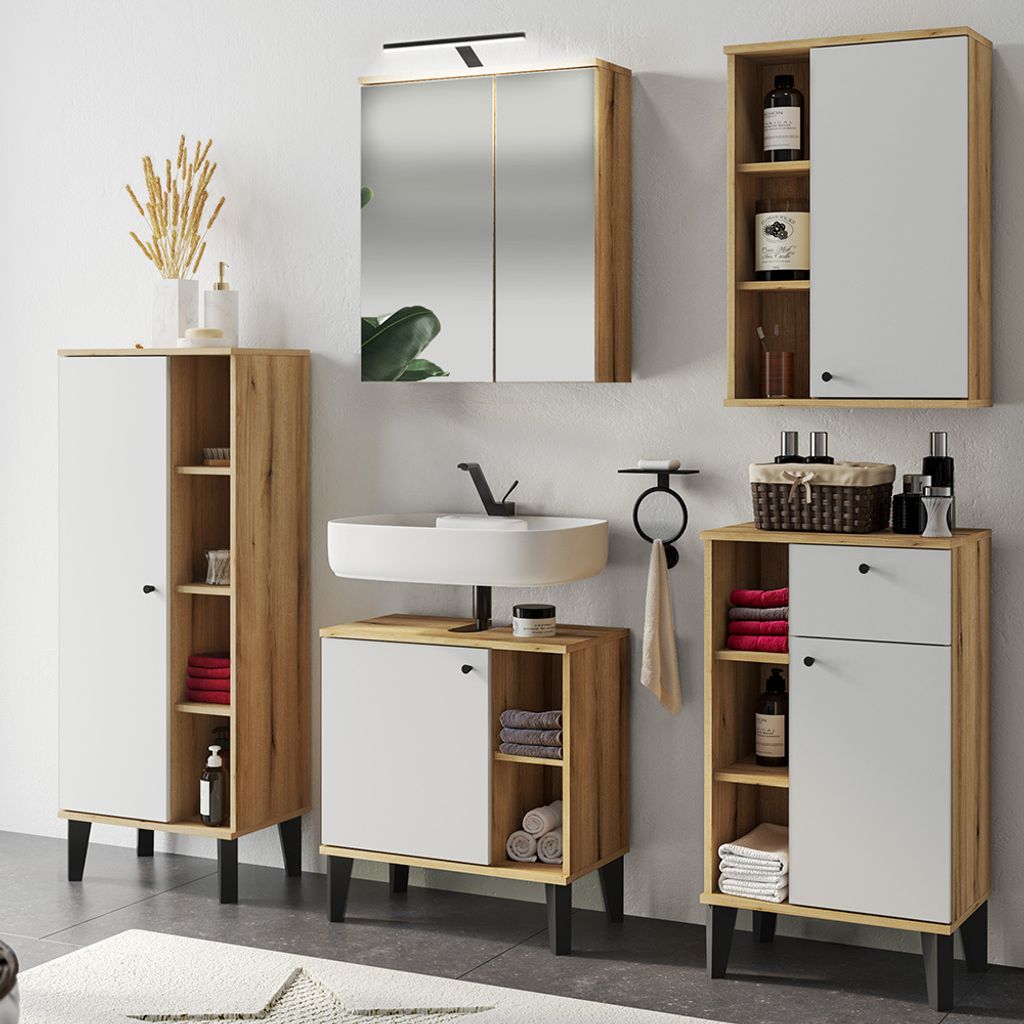 Badmöbel-Set 5-teilig mit Waschbeckenunterschrank 60 cm, LED-Spiegelschrank, in Eiche mit weiß OLEAN-61