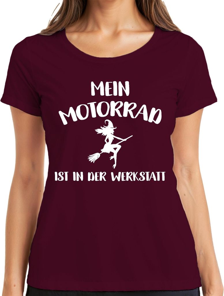Mein Motorrad in der Werkstatt Hexe Besen Bikerin Lustig Geschenk Damen T-Shirt, Burgundy, S