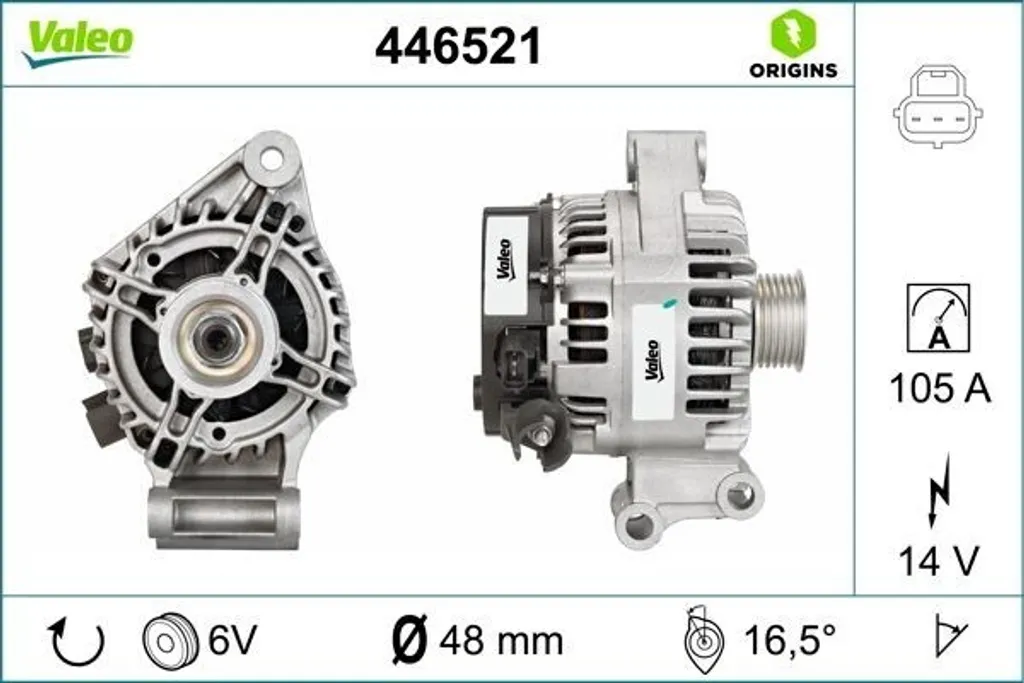 Alternateur VALEO 446521 robuste pour Ford Focus II et C-Max DM2 - 14V 80A