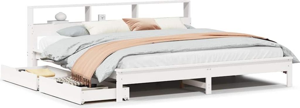vidaXL Massivholzbett mit Regal ohne Matratze Weiß 200x200 cm Kiefer