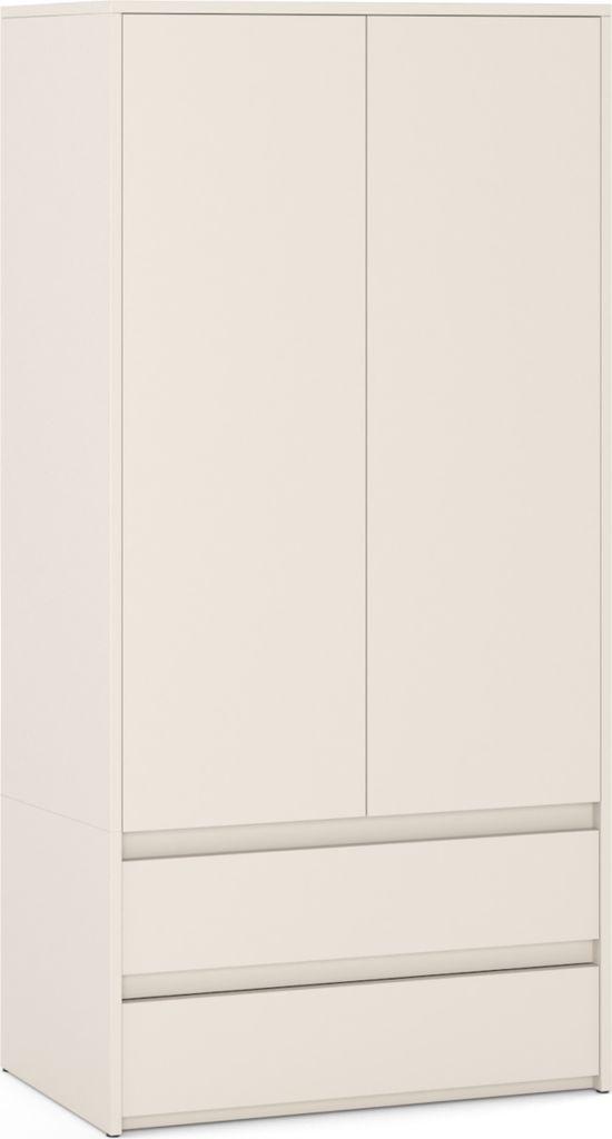 A front view of a white wardrobe with two doors and two drawers.