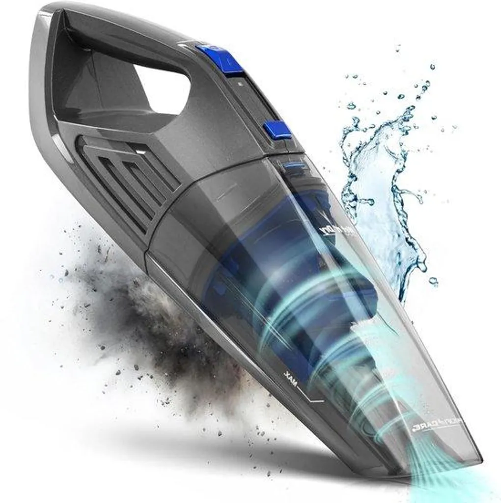Aspirateur de voiture gris-bleu avec accessoires pour recoins étroits