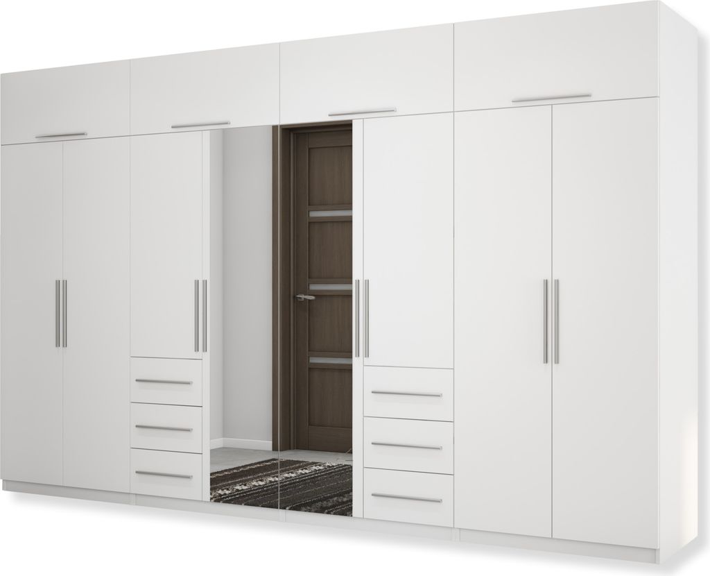 A modern white wardrobe with a mirrored door and a brown interior door visible through the mirror.