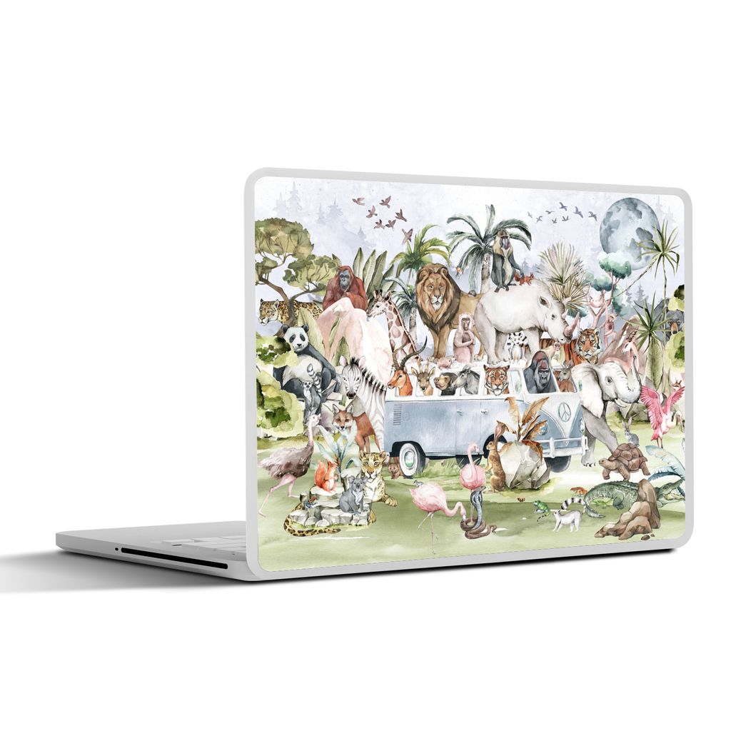 MuchoWow Laptop Aufkleber Sticker Cover Dschungel - Bus - Tiere - Kinder - Pflanzen 25x18 cm - Laptop-Deko