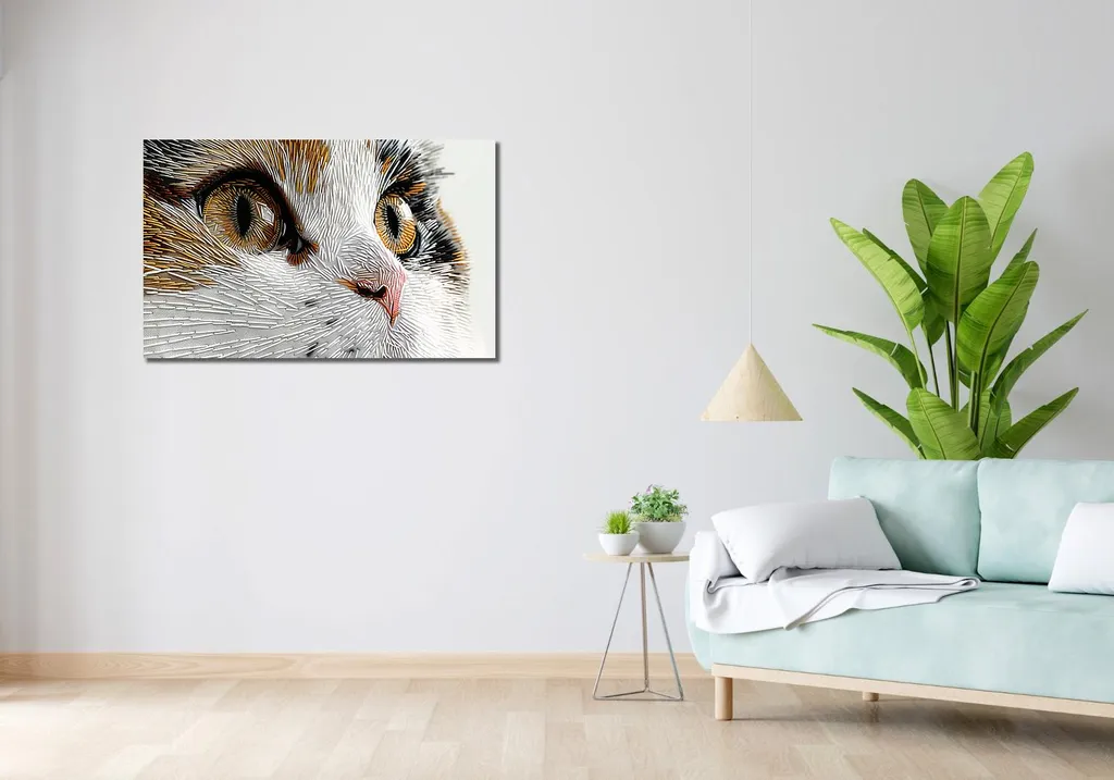 Tableau Chat Brodé 100 x 60 cm - Image Décorative XXL Art Textile - 2