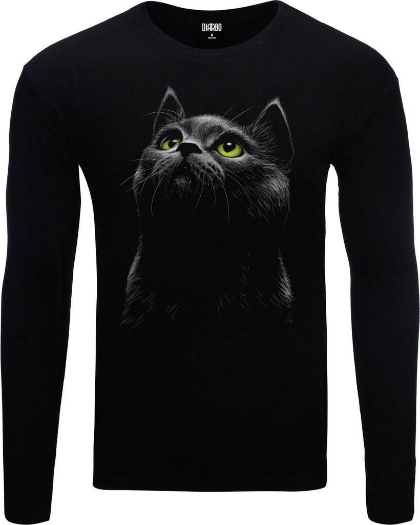 Herren Warm, Langarm-T-Shirt mit Druck Schwarze Katze Schwarz Gr.XL