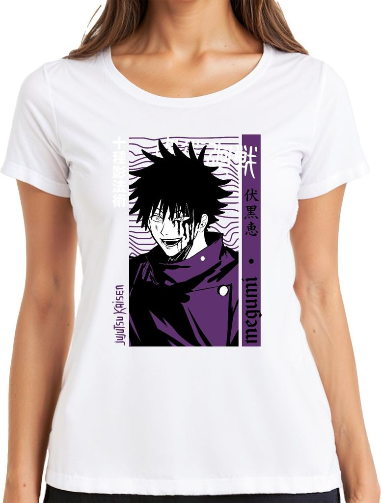 Jujutsu Kaisen Megumi Fushiguro Anime Manga düster lila blutig Damen T-Shirt, Weiß, S
