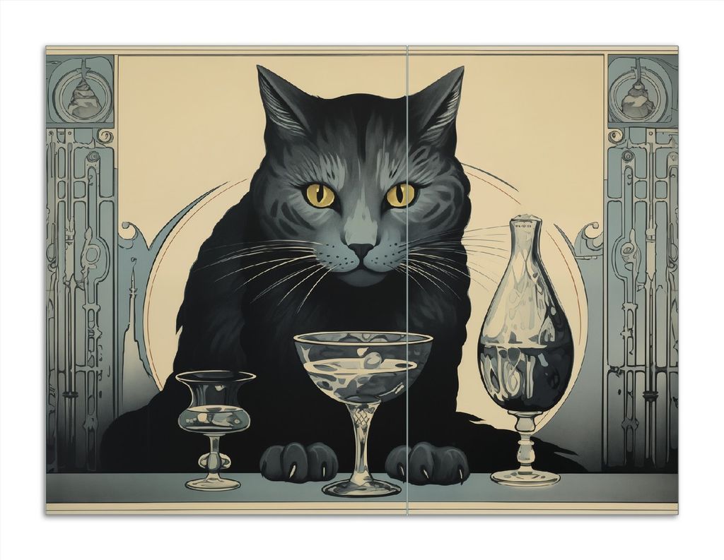 Wallario Herdabdeckplatte aus Glas, Größe 70 x 52 cm 2-teilig, Motiv Katzenportrait in Art Deco