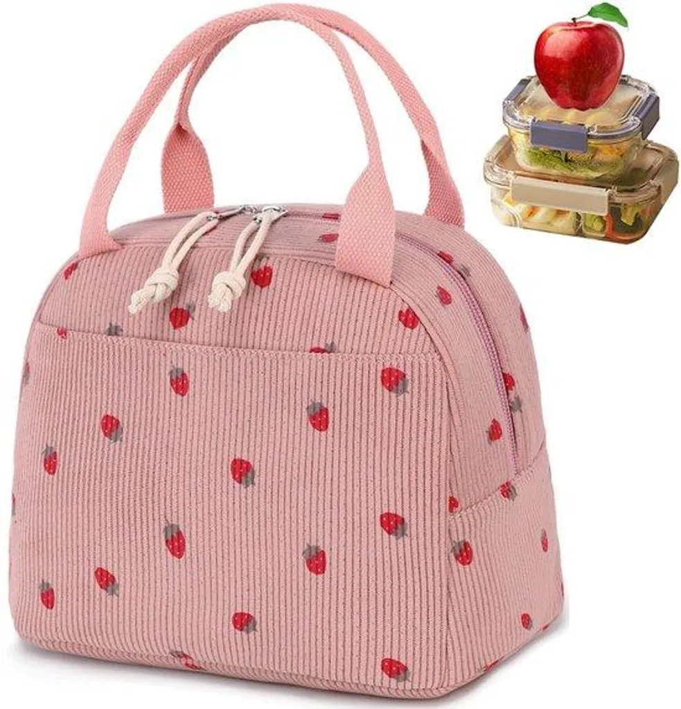 Sac isotherme rouge en velours côtelé réutilisable pour repas et bureau