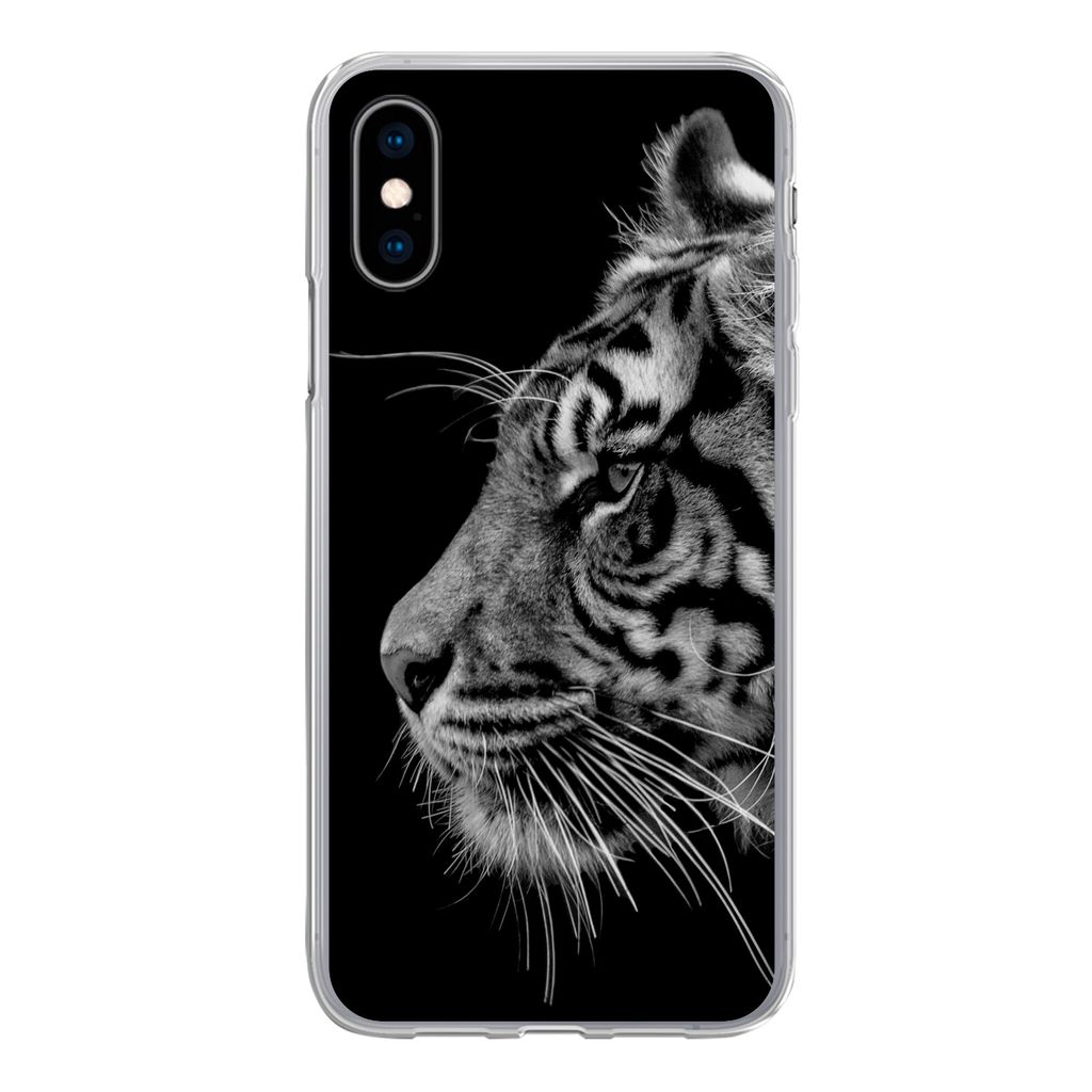 MuchoWow Handyhülle Schutzhülle Hülle für iPhone X Tiger auf schwarzem Hintergrund in schwarz und weiß Silikon Softcase Handy Hülle - Handy...