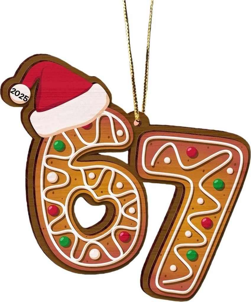 Weihnachtsschmuck aus Acryl mit der Aufschrift „67“ – Lustiger 67-Meme-Anhänger zum Aufhängen – Lebkuchen-Weihnachtsbaumschmuck – Gesch...