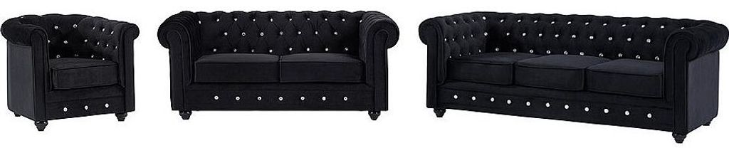 3-Sitzer Sofas, 2-Sitzer Sofas und Sessel aus schwarzem Velours mit Strassknöpfen - CHESTERFIELD