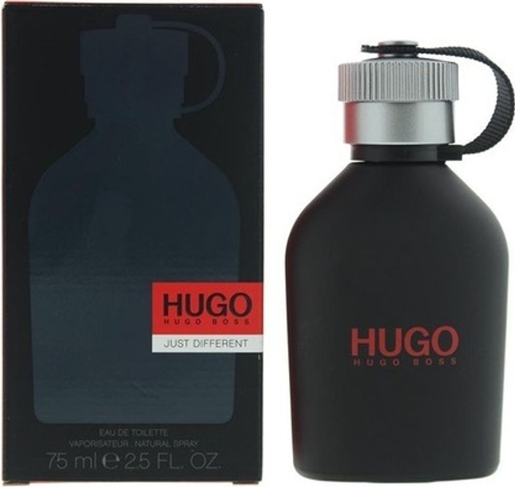 A black bottle of Hugo Boss 'Just Different' Eau de Toilette is shown next to its packaging.