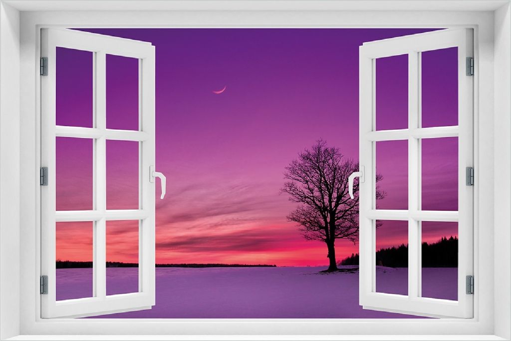 Wallario Poster mit Fenster-Illusion: Mond und Baum am Abend bei Schnee, Größe: 100 x 150 cm