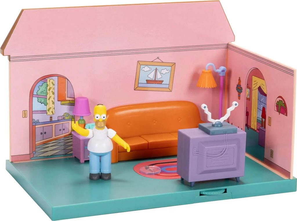 A toy playset depicting a scene from The Simpsons house, featuring a Homer Simpson figure.