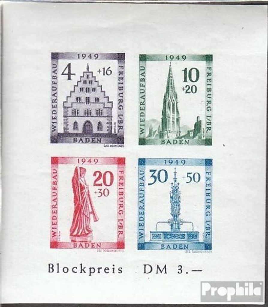 Briefmarken Franz. Zone-Baden 1949 Mi Block1B (kompl.Ausg.) postfrisch Freiburg