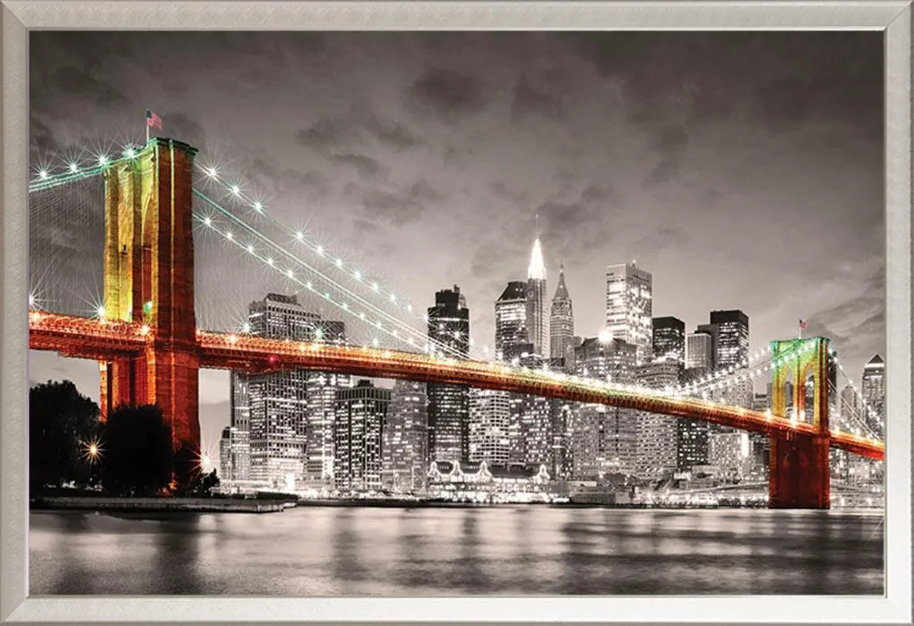 Poster New York Brooklyn Bridge Night Colourlight + Cornice Alluminio