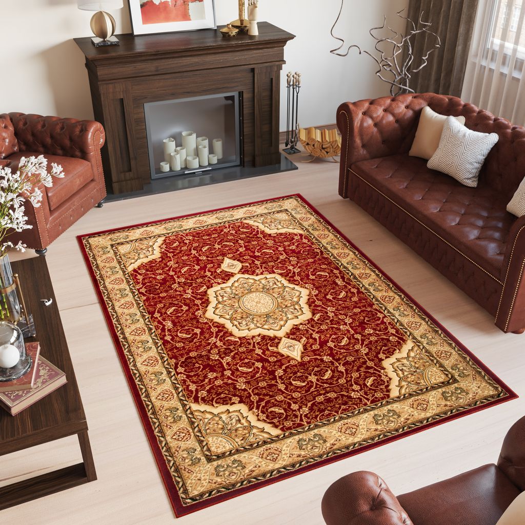 Teppich Wohnzimmer Schlafzimmer Kurzflor Design Klassisch Muster Floral Rot Beige Ornament 120 x 170 cm